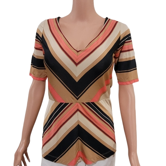 Veronica Maine Tops - Veronica Maine Womens Top Size M Striped Orange Brown V neck Stretchy Flattering